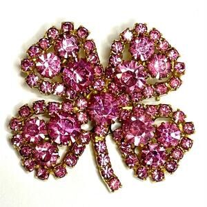 Vintage Brooch Pink Rhinestone Clover Vtg Estate Costume Jewelry High End A17